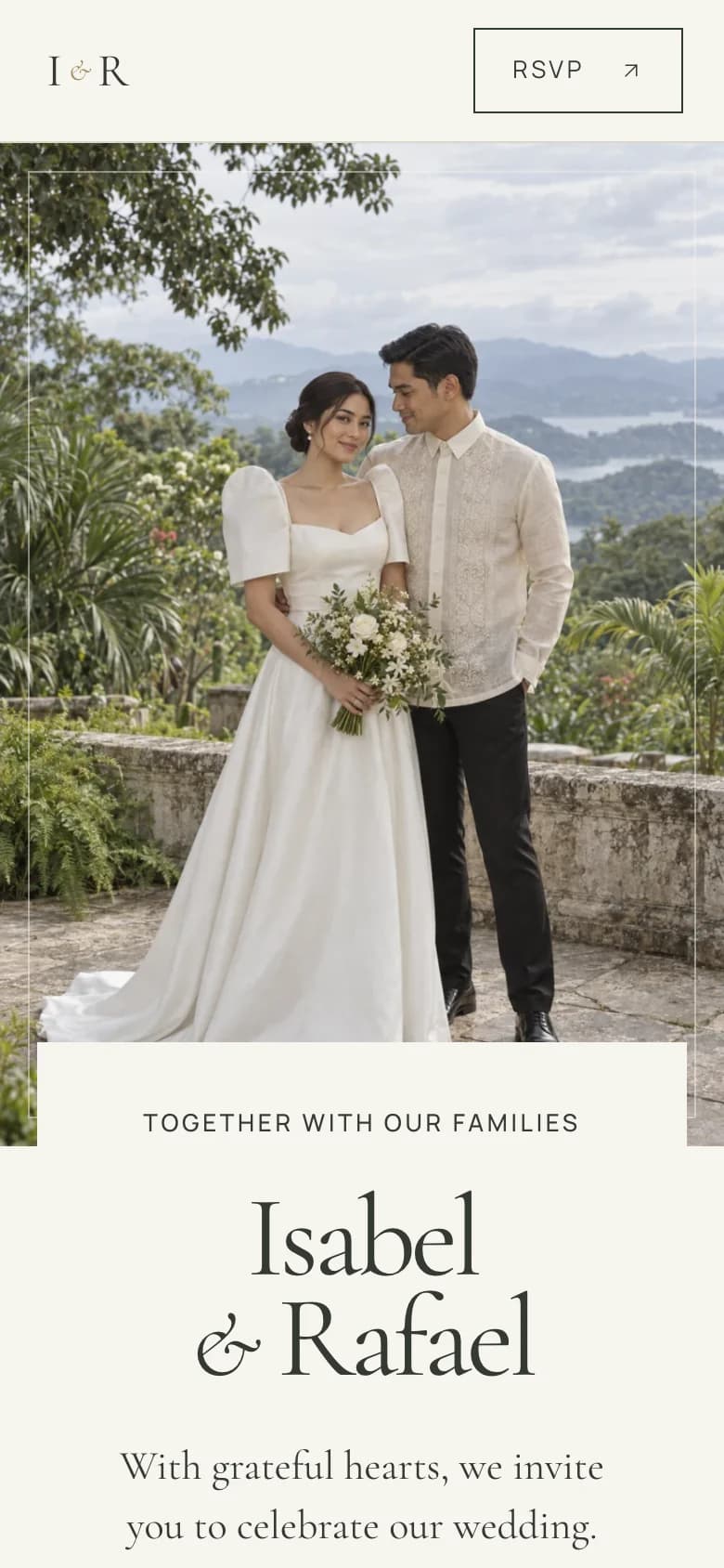 Invita’s Jardin theme on a phone: a garden wedding invitation with the couple’s portrait above their names.