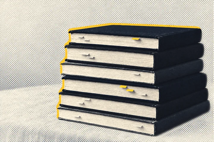 Halftone illustration of a stack of six hardcover books, their pages marked with small flags, three of them yellow.